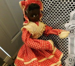 18" AFRICAN AMERICAN MASK FACE BED DOLL , HAIR, RED GINGHAM OUTFIT, FELT SHOES